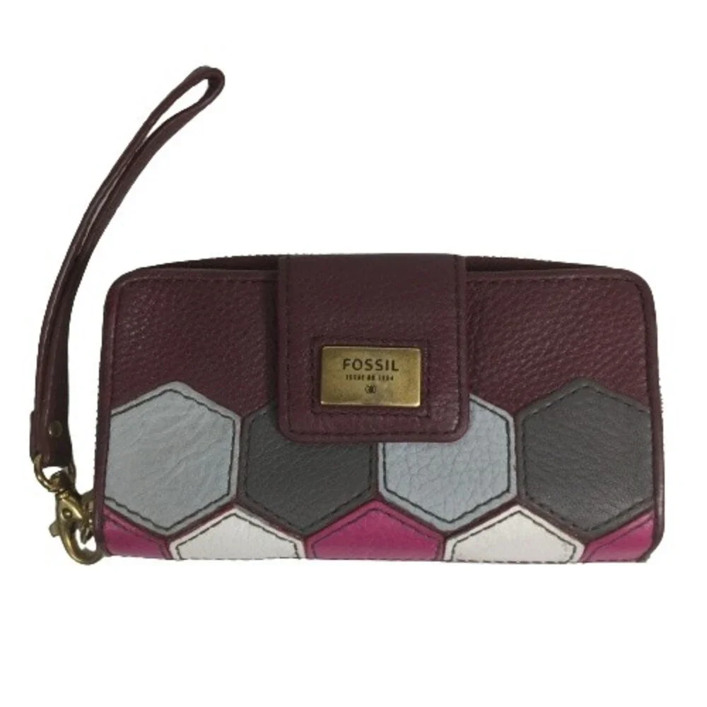FOSSIL Quinn Slim Leather Clutch Wallet Wristlet MULTI COLOR Pink Burgundy Gray